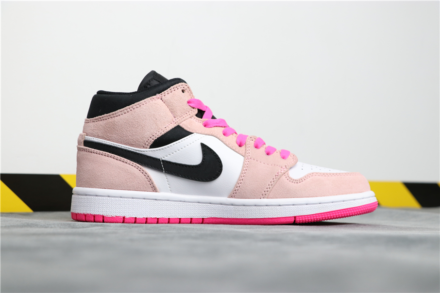 Air Jordan 1 GS Mid Pink Toe White Black Shoes - Click Image to Close